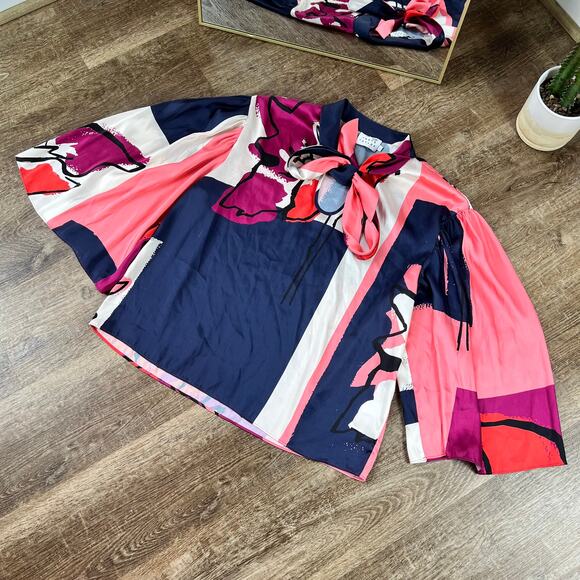 Tanya Taylor Avril Top Floral Satin Polyester Neck Tie Blouse - Picture 5 of 13